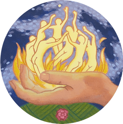 A hand holding dancing figures in flame against a starry sky - cover painting for The Prophet Painted
